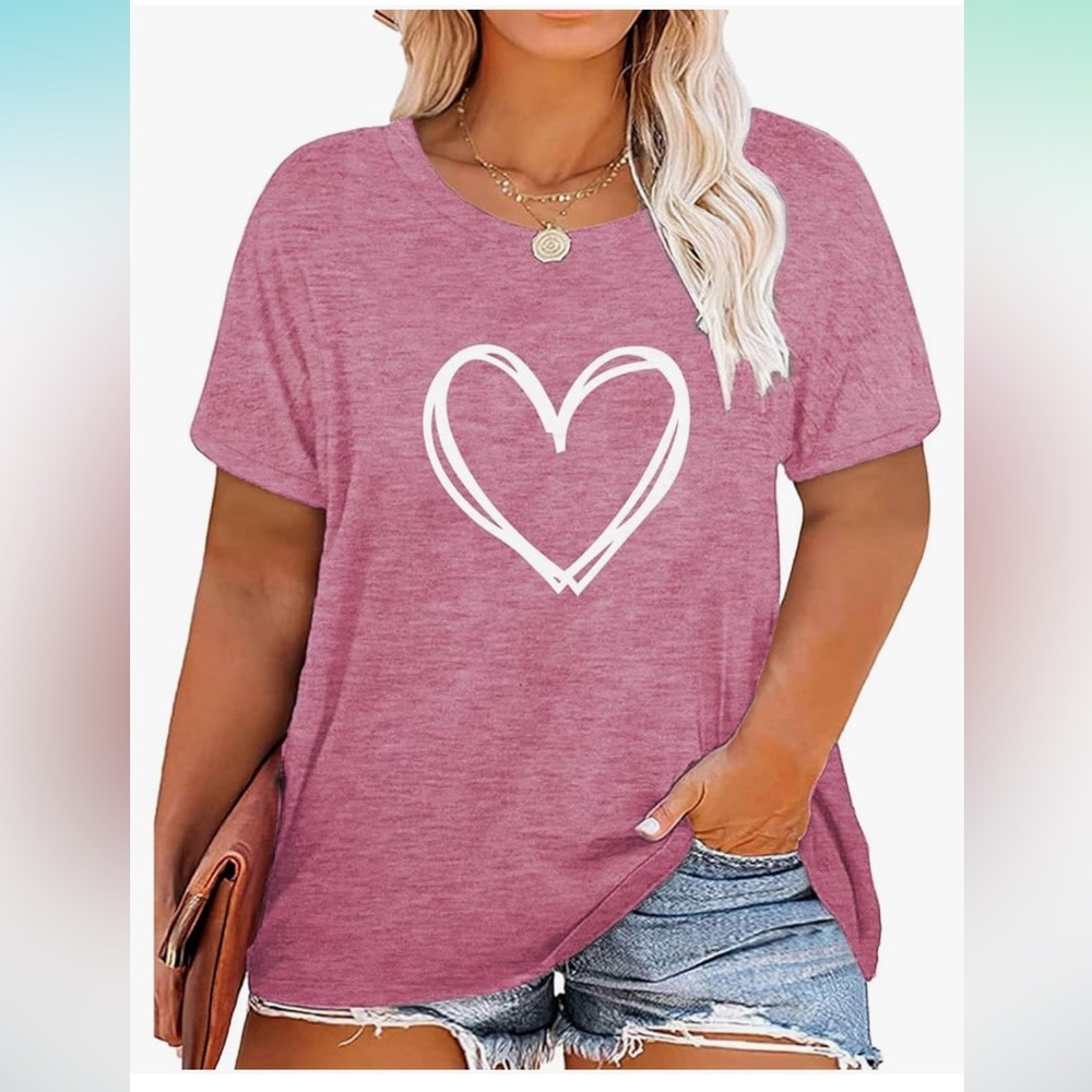Plus Size Women Love Heart Print Short Sleeve Tops Casual Tees Blouse